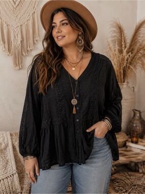 Lane Bryant Black Boho Peasant Blouse Shirt Size 26 Swiss Dot Lace Trim Flowy
